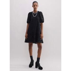 ME+EM Black Lined Lace Mini Dress Puff Sleeve Size 2 Chic Preppy Feminine